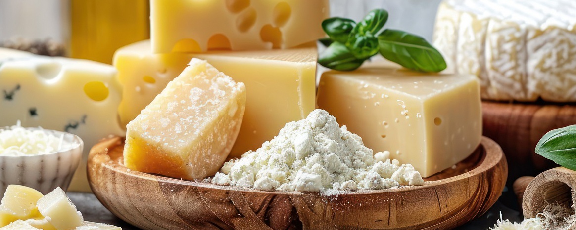 Various types of cheese arranged on a wooden board, including pieces of hard cheese, grated cheese, cheese cubes and a round soft cheese. In the background, there is a bottle of olive oil and fresh basil.