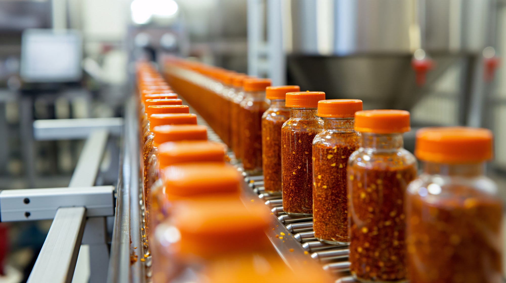 Mit Gewürzen gefüllte Gläser mit orangefarbenen Deckeln auf einem Förderband in einer Produktionsanlage.